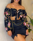 One-Shoulder Printed Long-Sleeve Two-Piece Suit
