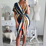 Women's Striped Print V-Neck Short Sleeve Dress