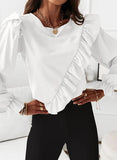 Round Neck Solid Color Long Sleeve Chiffon Shirt