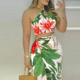 Women's Print Sexy Backless High Waist Two Piece Suit