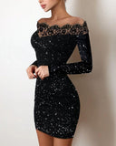 Womens Lace Splicing Long Sleeve Tight Dress