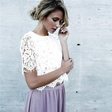 Fashion Round Neck Lace Solid Color T-Shirt White