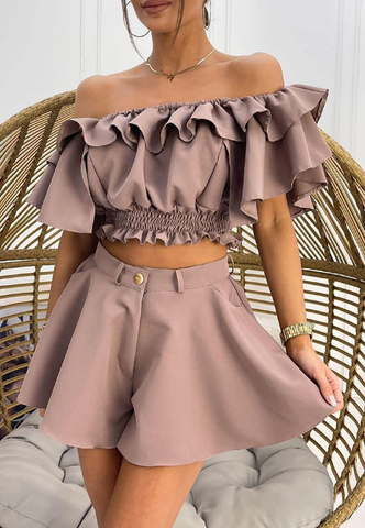 Casual Ruffled One-Shoulder Two-piece Set
