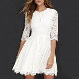 Fashion Lace Crew Neck White Dress