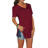 Women's V-Neck Short Sleeve Loose Large Size Solid Color T-Shirt Top