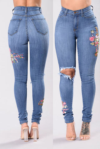 Embroidery High Waist Break Hole Jeans Denim Pants