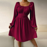 Elegant Solid Color Long Sleeve High Waist Ruffle Dress