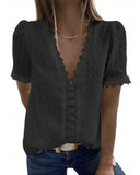 Women Solid Color V-neck Short Sleeved Chiffon Shirt Top