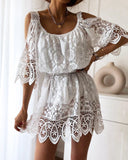 Solid Color Shoulder Lace Short Sleeve Dress