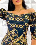 One-Shoulder Chain Print Short Sleeves Tight Dress
