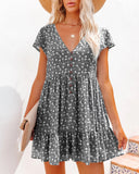 V-Neck Button Floral Short Sleeve Loose Casual Dress