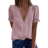 Women Solid Color V-neck Short Sleeved Chiffon Shirt Top