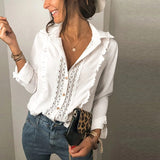 Lace Splicing Long Sleeves Solid Color Cardigan White Shirt