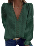 Women Solid color V-neck Long Sleeved Chiffon Shirt Top