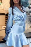 Slim Long Sleeved Women V-Neck Solid Color Dress