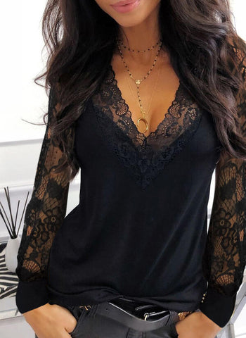 Womens Lace V-neck Long Sleeved T-shirt