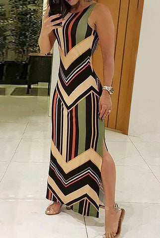 Sexy Print Striped Sleeveless Slit Long Dress