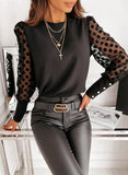 Fashion Lace Long Sleeve Round Neck Solid Color Top