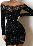 Womens Lace Splicing Long Sleeve Tight Dress