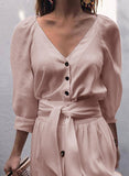 Long Sleeve V-neck Buttons Solid Color Loose Dress