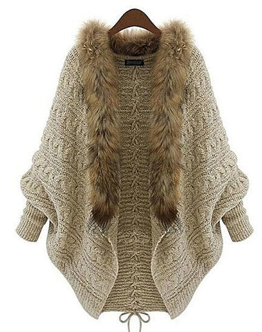 Faux Fur Collar Cardigan Knit Sweater Outerwear
