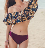 Lotus Brown Flower Falbala Shoulder Female Bikini Two Piece Suit Bath Suit Swimwear
