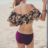 Lotus Brown Flower Falbala Shoulder Female Bikini Two Piece Suit Bath Suit Swimwear